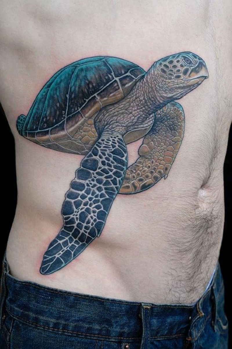 Amazing Detailed Turtle Tattoo on Ribs
